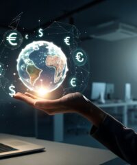 Online internet banking interbank payment concept. Man with virtual global currency symbols on hand. Money transfers and currency exchanges between countries of the world. Business finance.