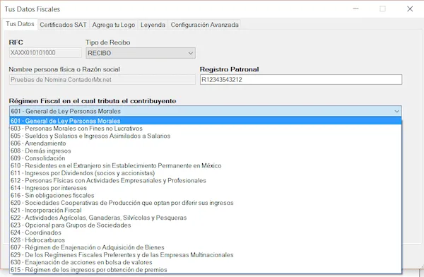 CFDI NOMINA 1.2 CATALOGO REGIMEN FISCAL DEL CONTRIBUYENTE