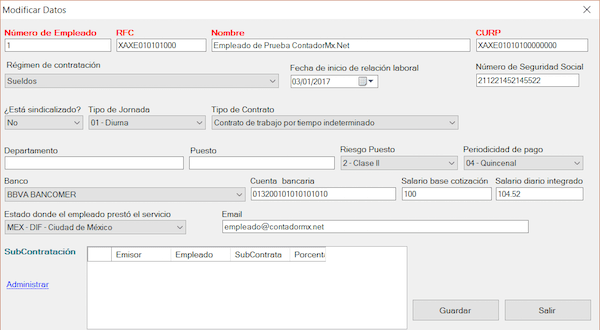 alta de empleado CFDI Nomina 1.2 contadormx