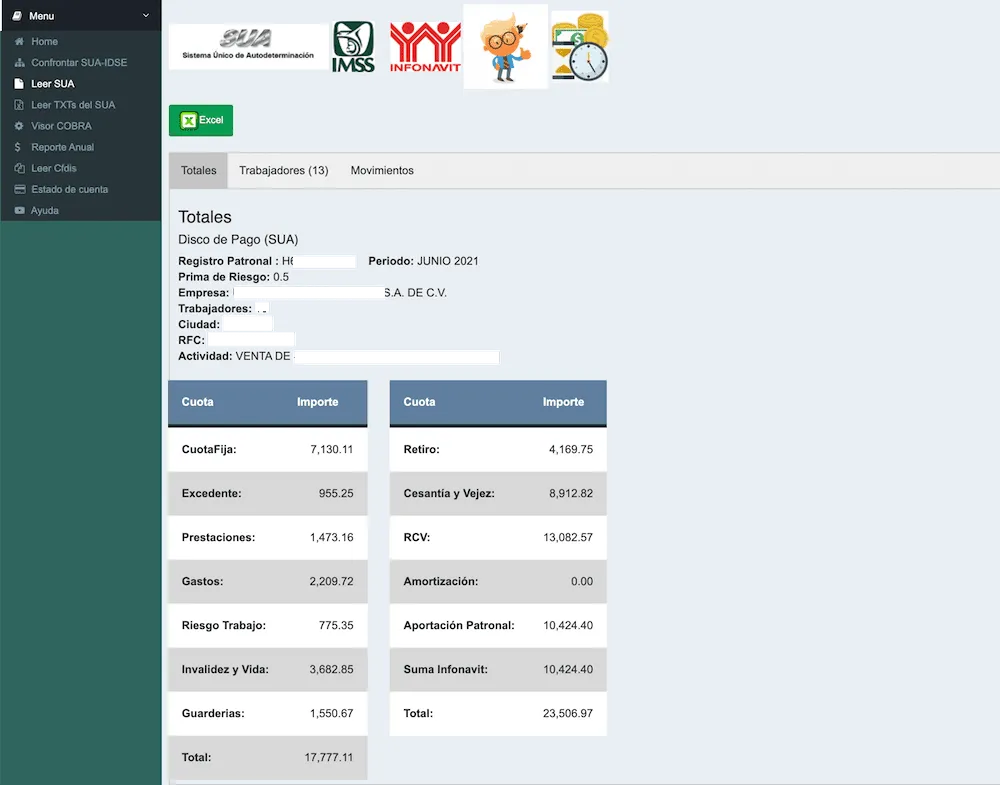 Lector de archivos del SUA a Excel