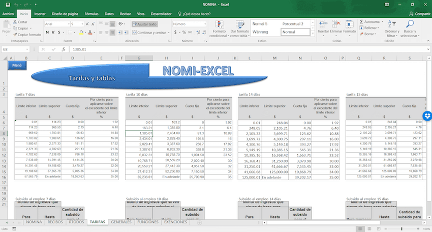 tablas y tarifas nomina