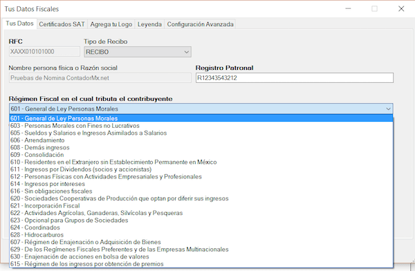 CFDI NOMINA 1.2 CATALOGO REGIMEN FISCAL DEL CONTRIBUYENTE
