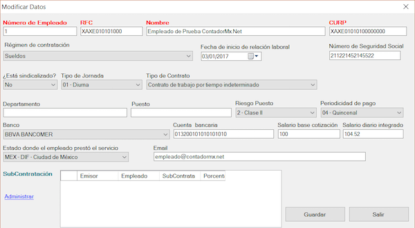 alta de empleado CFDI Nomina 1.2 contadormx