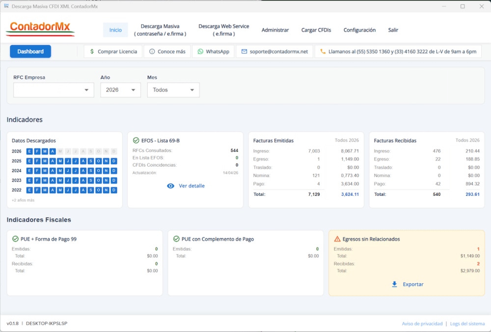 Dashboard CFDI Descarga Masiva ContadorMx