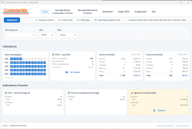 Dashboard CFDI Descarga Masiva ContadorMx