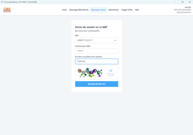 solicitud CFDI SAT con contraseña