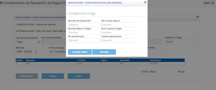 datos para cfdi de pagos pagado transferencia electronica