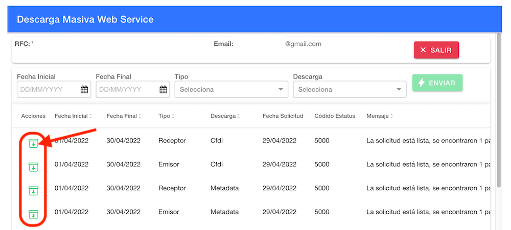 Panel dashboard de descarga de XML CFDI o metadata del SAT