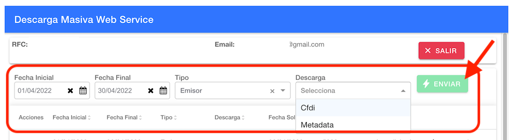 solicitud al SAT de Descarga de CFDI o Metadata emisor o receptor