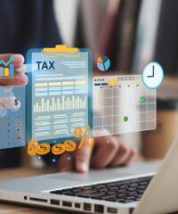 Tax concept. Person using computer to fill out personal income tax return to pay taxes online. State tax. Financial research. data analysis, documents, reports, tax returns, calculations.