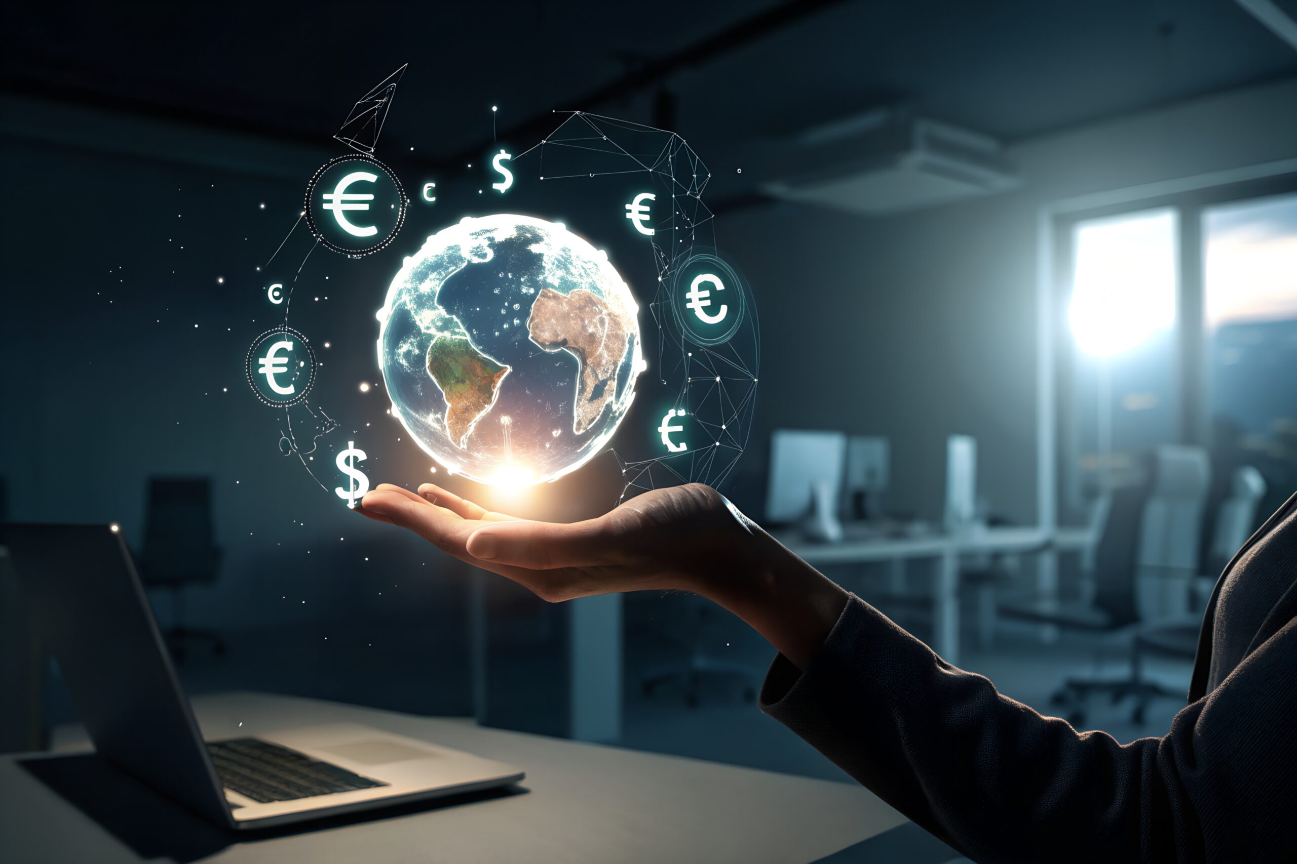 Online internet banking interbank payment concept. Man with virtual global currency symbols on hand. Money transfers and currency exchanges between countries of the world. Business finance.