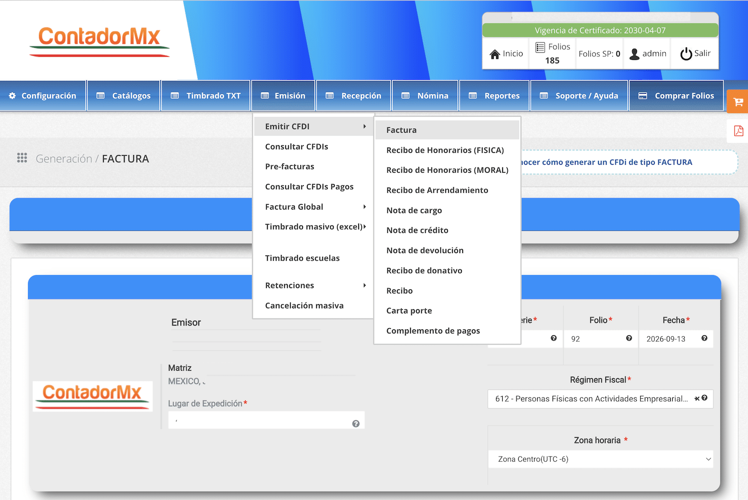 Pantalla real del sistema de Facturación Electrónica CFDI de ContadorMx